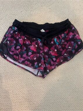 Lululemon Women's Black Floral Active Shorts with Drawcord Waist